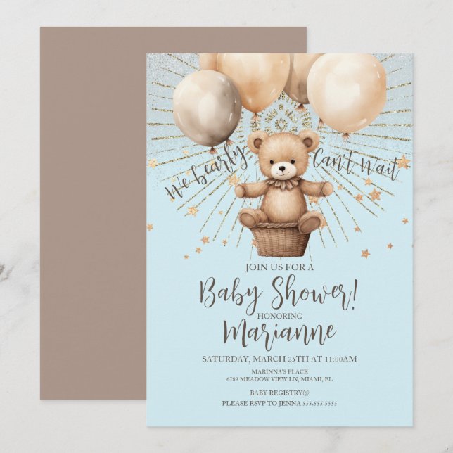  Bear Baby Shower Glitter Bohemian Rustic Blue Invitation (Front/Back)