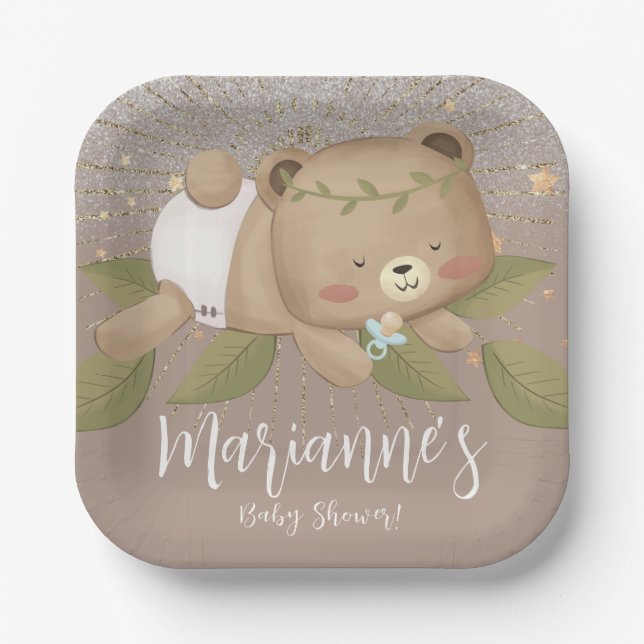  Bear Baby Shower Glitter Bohemian Stars Gold   Paper Plate (Front)