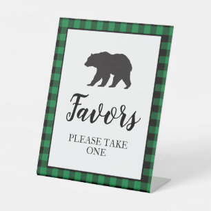Bear Baby Shower Green Plaid Favour Pedestal Sign