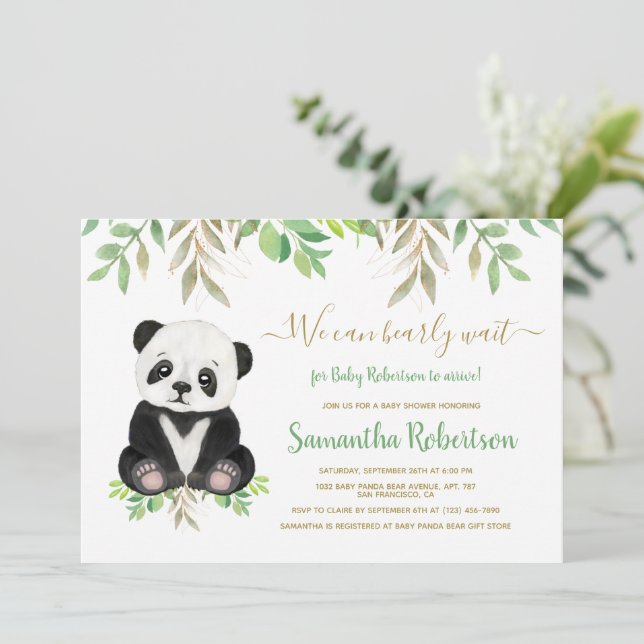 Bear Baby Shower Greenery Botanical Watercolor Invitation (Standing Front)