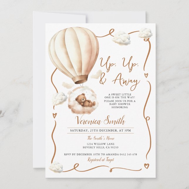 Bear Baby Shower Hot Air Balloon, Up Up and Away Invitation (Front)