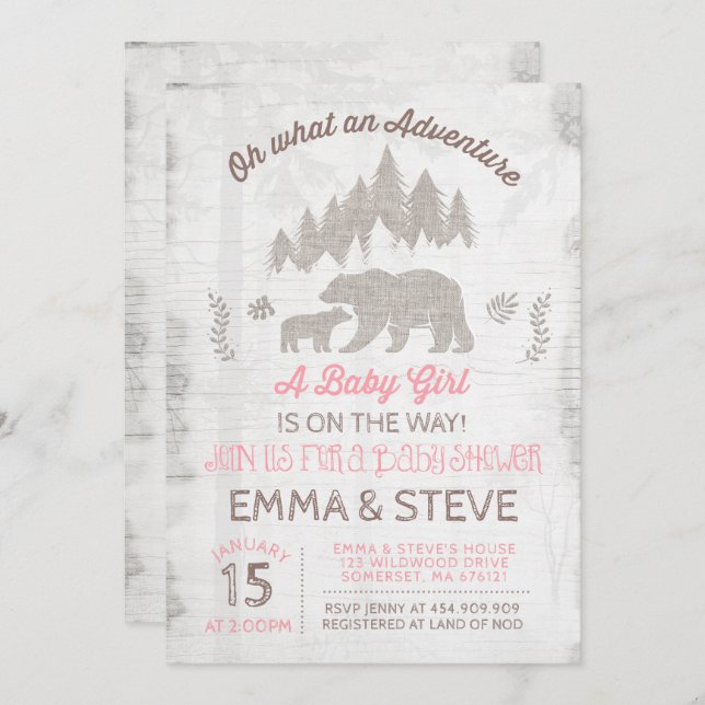 Bear Baby Shower Invitation Girl Adventure Shower (Front/Back)