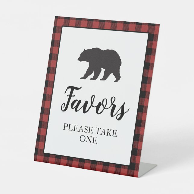 Bear Baby Shower red Plaid Favour Pedestal Sign (Front)