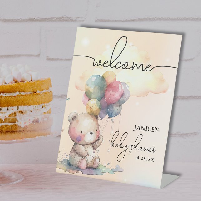 Bear Baby Shower Welcome Pedestal Sign (Teddy Bear and Balloons Baby Shower Welcome Pedestal Sign)
