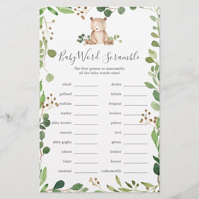 Bear Baby Shower Word Scramble Game (Front)