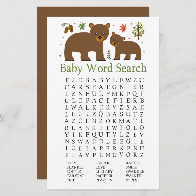 Bear Baby Shower Word Search Game (Front/Back)