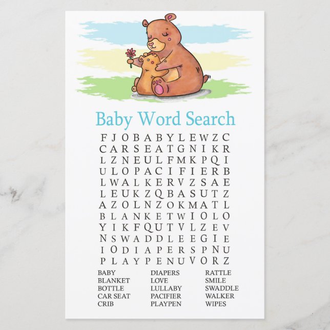 Bear Baby Shower Word Search Game (Front)