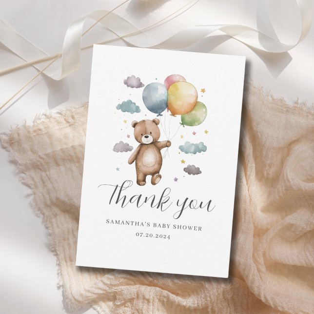 Bear Balloon Baby Shower Flat Thank You Card (Creator Uploaded)