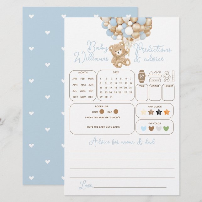 Bear Balloon Baby Shower Predictions & Advice Game (Front/Back)