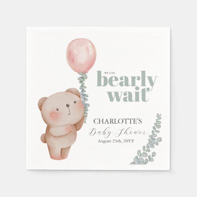 Bear Balloon Bearly Wait Girl Baby Shower Napkin (Front)