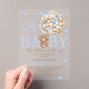 Bear Balloon Blue Baby Shower Acrylic Invitations