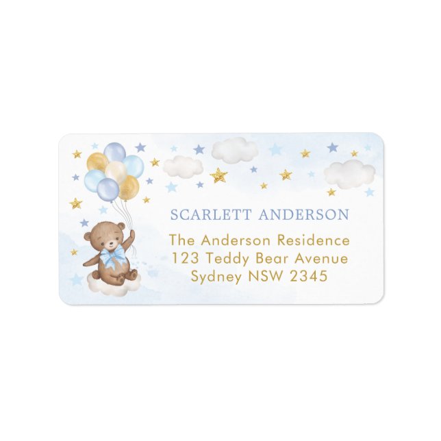 Bear Balloon Blue Gold Twinkle Star Return Address Label (Front)