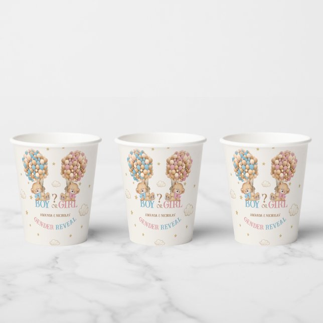 Bear Balloon Boho Pink Blue Gender Reveal Paper Cups (Multi)