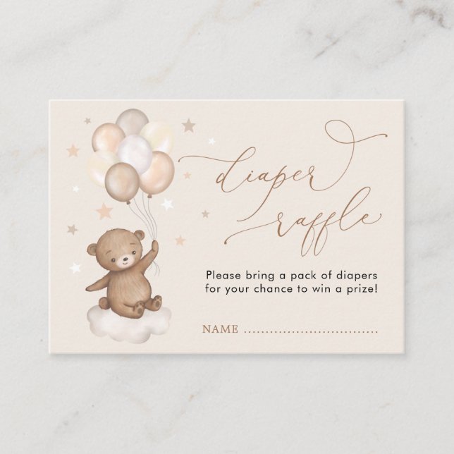 Bear Balloon Cloud Stars Baby Shower Diaper Raffle Enclosure Card (Front)