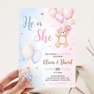 Bear Balloon Gender Reveal  Invitation
