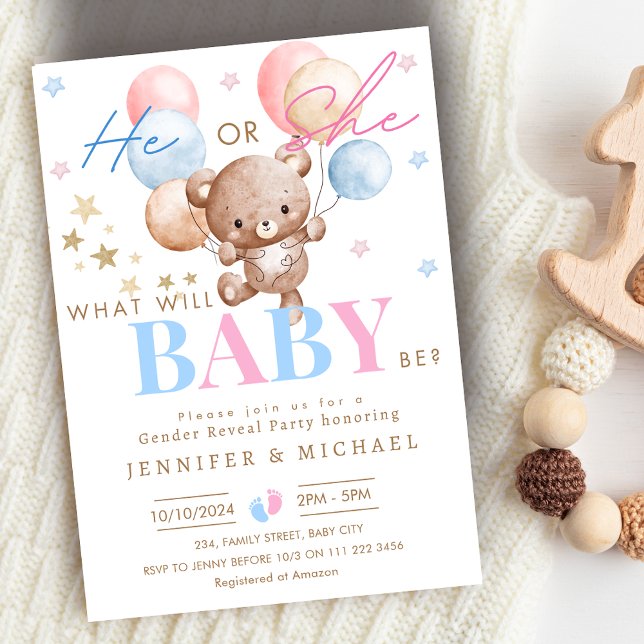 Bear Balloon Gender Reveal Party Boy or Girl Invitation (Bear Balloon Gender Reveal Party Boy or Girl Invitation)