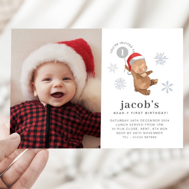 Bear Balloon Santa Hat First Birthday Photo Invitation (Bear Balloon Santa Hat First Birthday Photo Invitation )