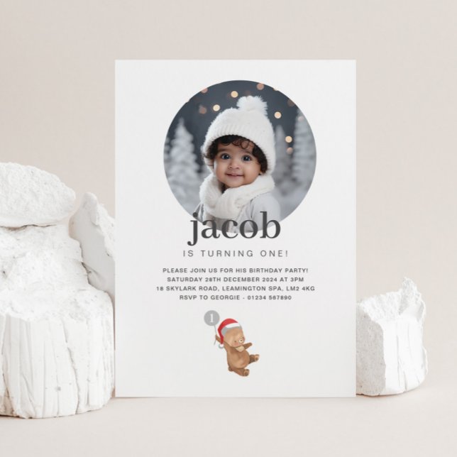 Bear Balloon Santa Hat - Photo Birthday Invitation (Bear Balloon Santa Hat - Photo Birthday Invitation)