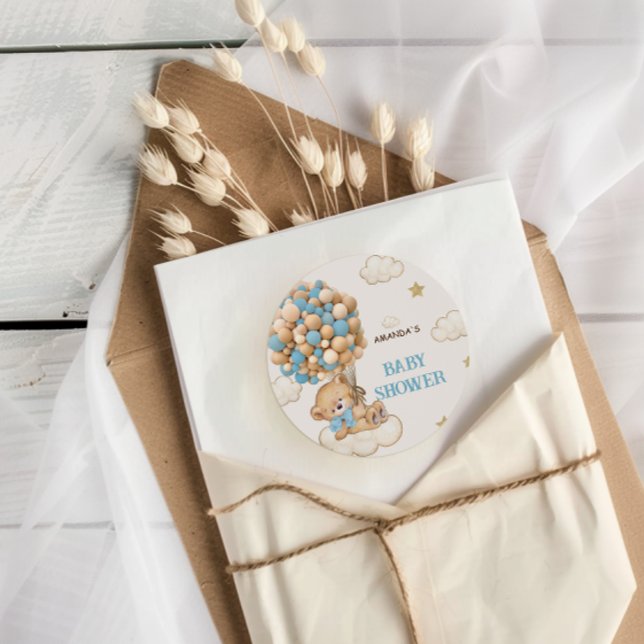 Bear Balloons Baby Boy Shower Blue  Classic Round Sticker (Creator Uploaded)