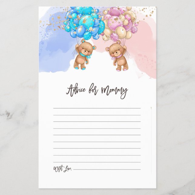 Bear Balloons Baby Shower Advice Card  Flyer (Front)