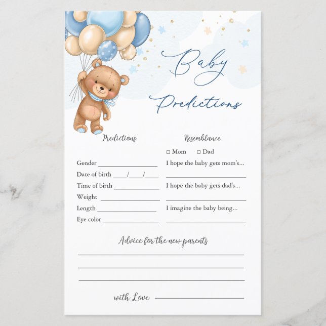 Bear Balloons Baby Shower Game Baby Prediction  (Front)