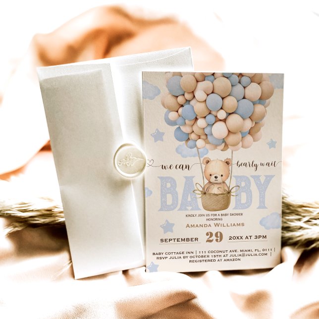 Bear Balloons Bearly Wait Baby Boy Shower  Invitation (Creator Uploaded)