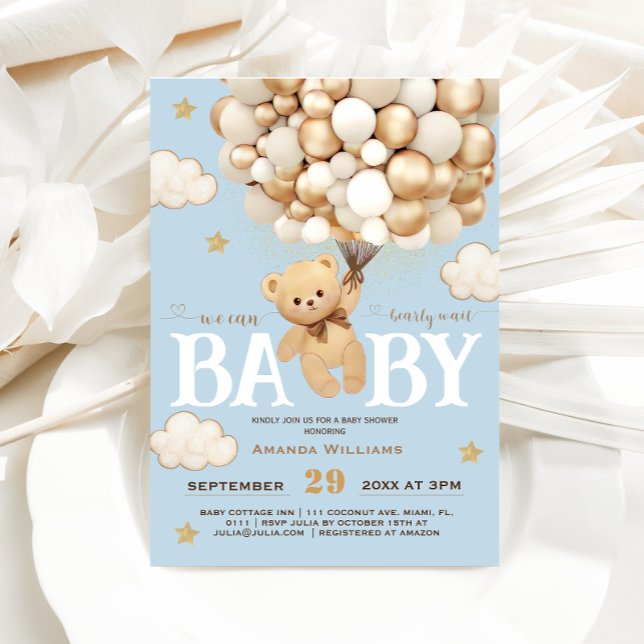 Bear Balloons Bearly Wait Baby Shower Bright Blue Invitation (Creator Uploaded)