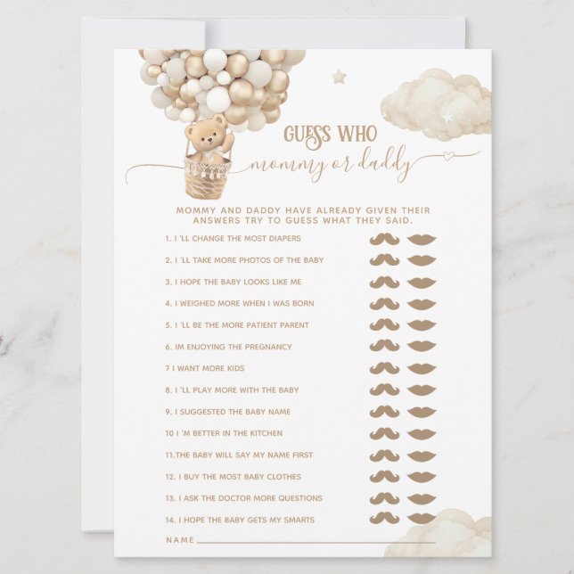 Bear Balloons Bearly Wait Baby Shower Game Invitation (Front)