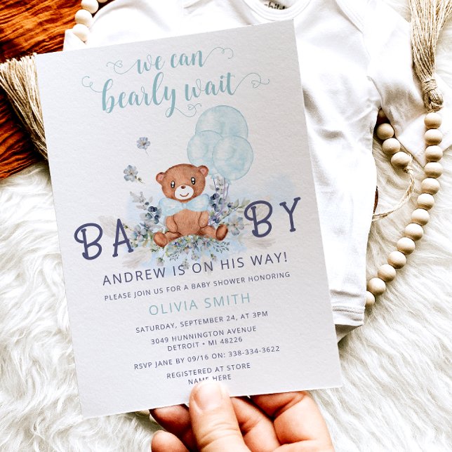Bear Balloons Bearly Wait Boy Baby Shower Invitation (Creator Uploaded)