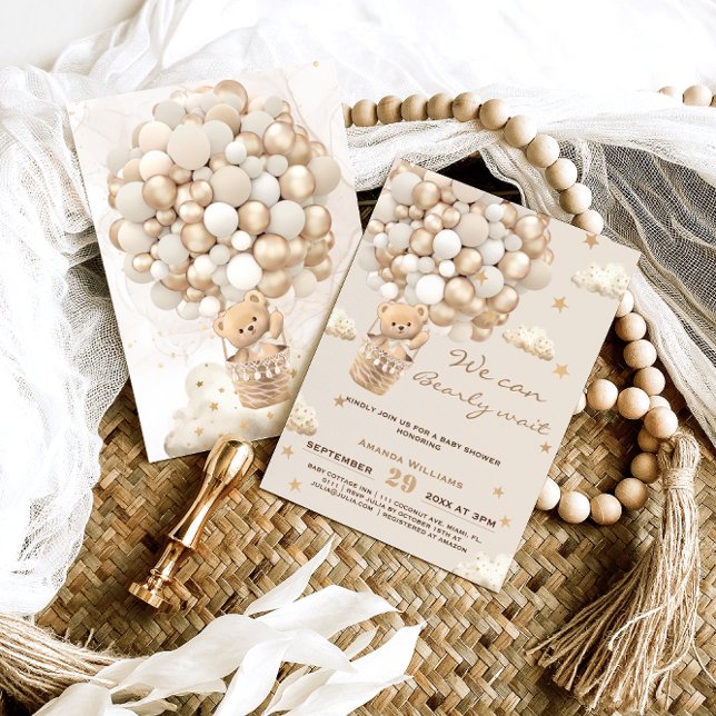 Bear Balloons Bearly Wait Gold Neutral Baby Shower Invitation (Creator Uploaded)
