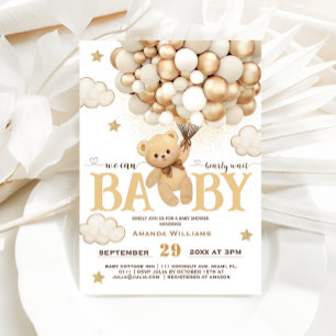 Bear Balloons Bearly Wait Minimal Baby Shower Invitation