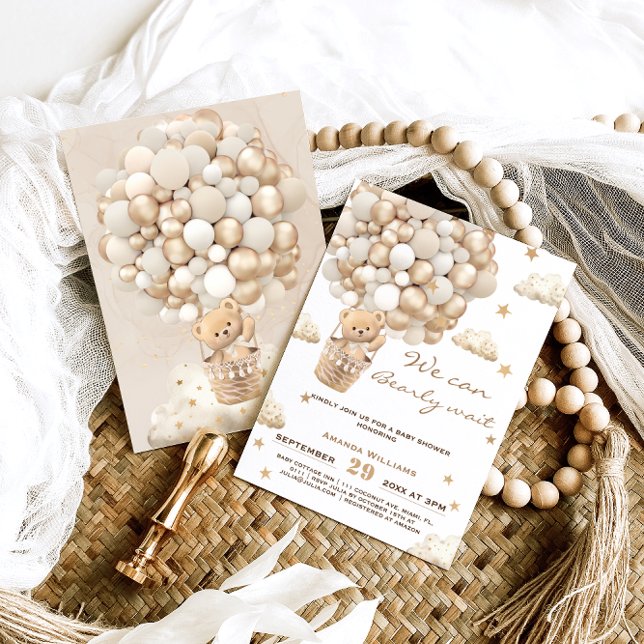 Bear Balloons Bearly Wait Neutral Baby Shower Invitation (Creator Uploaded)