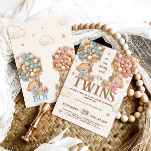 Bear Balloons Bearly Wait Twins baby shower Invitation