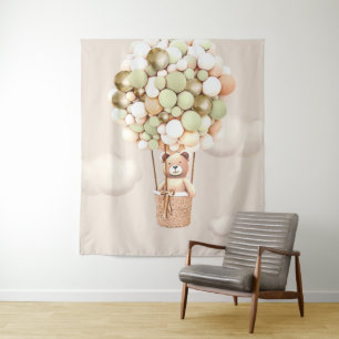 Bear Balloons Blue Virtual Shower Backdrop Tapestry