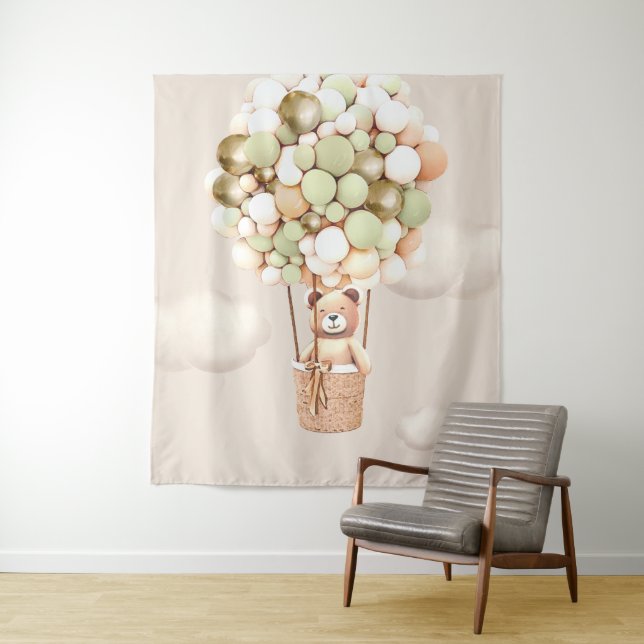 Bear Balloons Blue Virtual Shower Backdrop Tapestry (In Situ)
