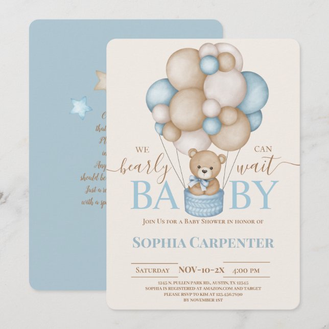Bear Balloons Boy Baby Shower Invitation (Front/Back)