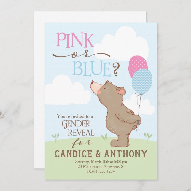 Bear + Balloons Gender Reveal Invitation (Front/Back)