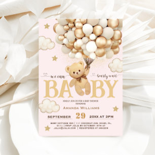 Bear Balloons Girl Baby Shower Soft Pink Boho Invitation