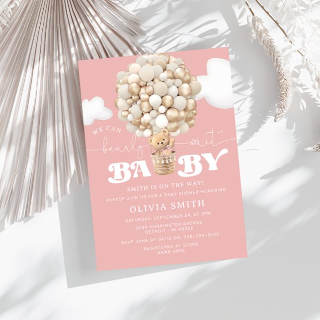 Bear Balloons Girl Bearly Wait Baby Shower Invitation (Creator Uploaded)