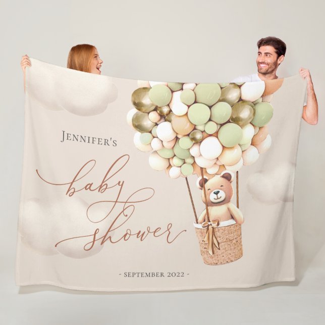 Bear Balloons Green Gold Shower Backdrop Fleece Blanket (In Situ)