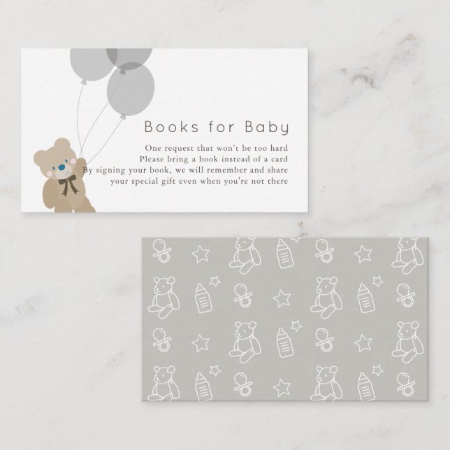 Bear & Balloons Grey Baby Shower Book Request Enclosure Card (Front/Back)