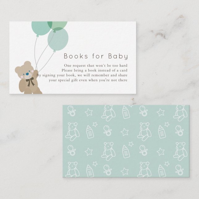 Bear & Balloons Mint Baby Shower Book Request Enclosure Card (Front/Back)
