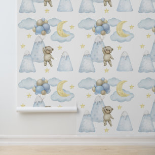 Bear Balloons Mountains Moon Star Clouds Baby Boy Wallpaper
