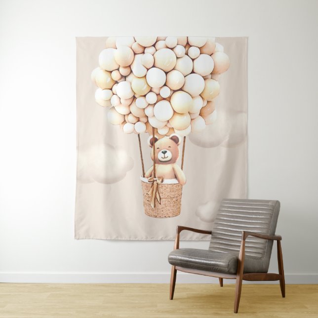 Bear Balloons Neutral Virtual Shower Backdrop Tapestry (In Situ)