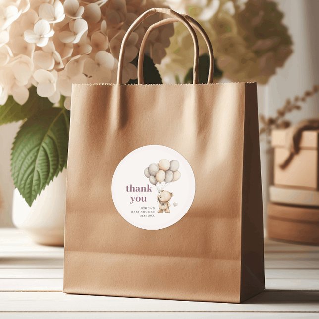 Bear Balloons Pastel Purple Baby Shower Thank You Classic Round Sticker (Creator Uploaded)