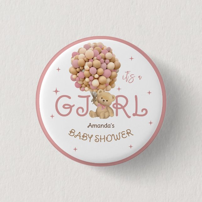 Bear Balloons Pink Baby Shower Favour 3 Cm Round Badge (Front)