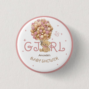 Bear Balloons Pink Baby Shower Favour 3 Cm Round Badge