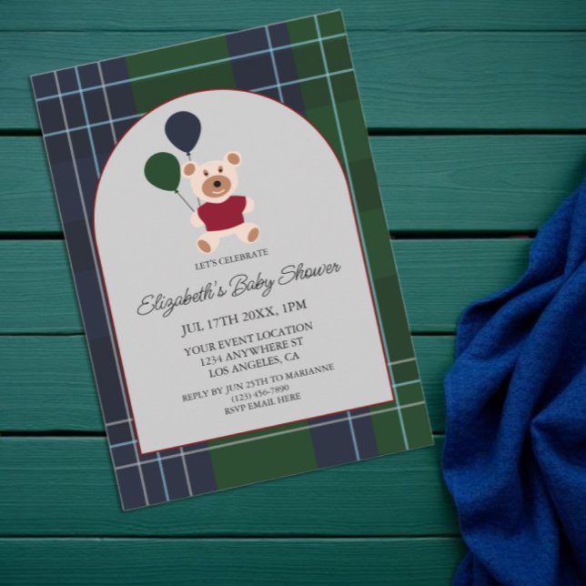 Bear & Balloons Plaid Baby Shower Invitation (Creator Uploaded)