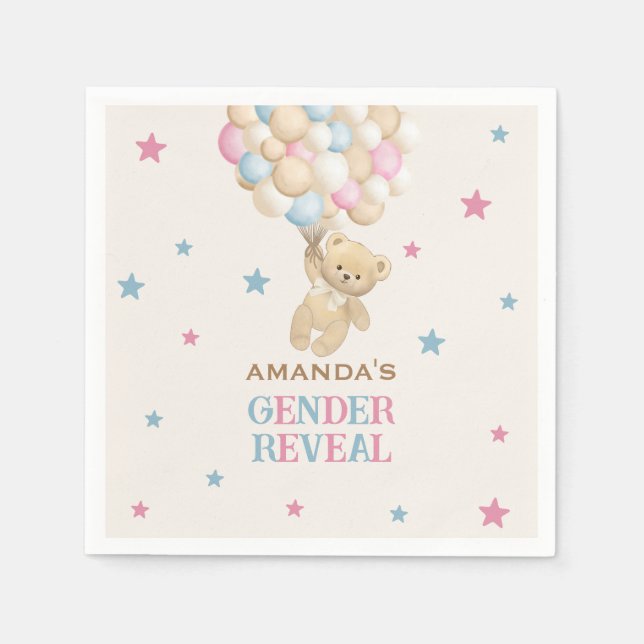 Bear balloons & Stars Pink Blue Gender Reveal Napkin (Front)