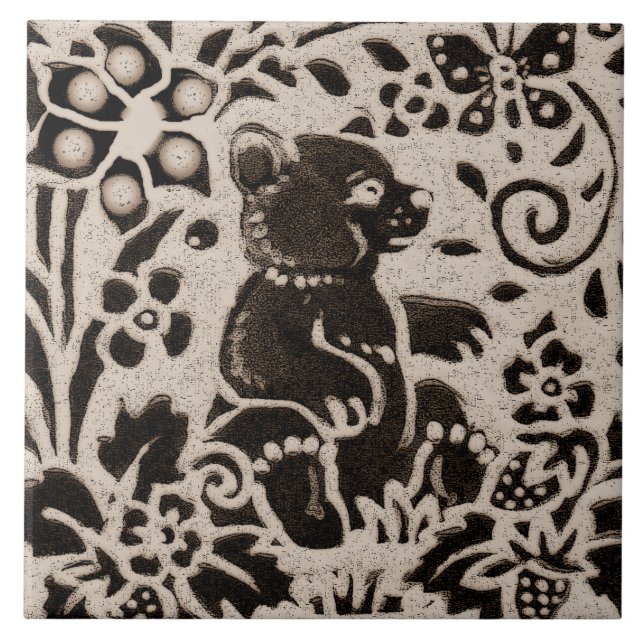 Bear Batik Stoneware Woodland Animal Tan Grey Ceramic Tile (Front)